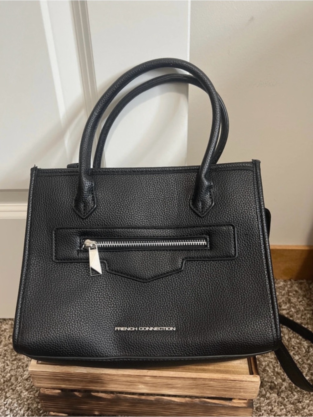French Connection Black Pebbled Leather Satchel with Front Zip
